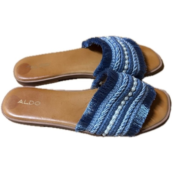 ALDO Denim Fringe Slide Sandals | Size 8 | Pearl Embellished - Picture 6 of 7